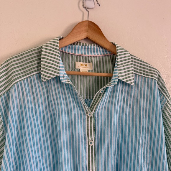 Maeve Anthropologie Striped Button Up Tie Front Shirt Blue Green Medium - Picture 7 of 7